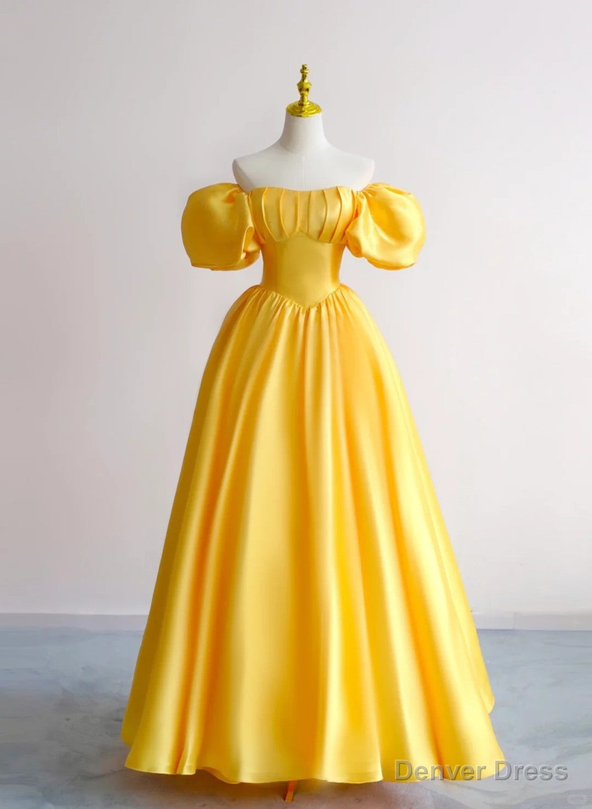 Yellow A-Line Satin Off Shoulder Prom Dress, Yellow Evening Dress Main image