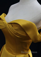 Yellow A-Line Simple Satin Off Shoulder Prom Dresses, Yellow Satin Formal Dresses