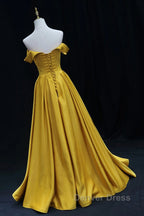 Yellow A-Line Simple Satin Off Shoulder Prom Dresses, Yellow Satin Formal Dresses