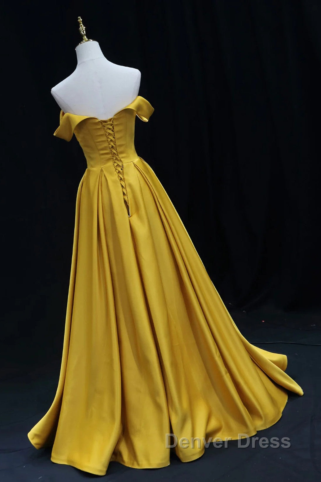 Yellow A-Line Simple Satin Off Shoulder Prom Dresses, Yellow Satin Formal Dresses