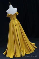 Yellow A-Line Simple Satin Off Shoulder Prom Dress, Yellow Satin Formal Dress