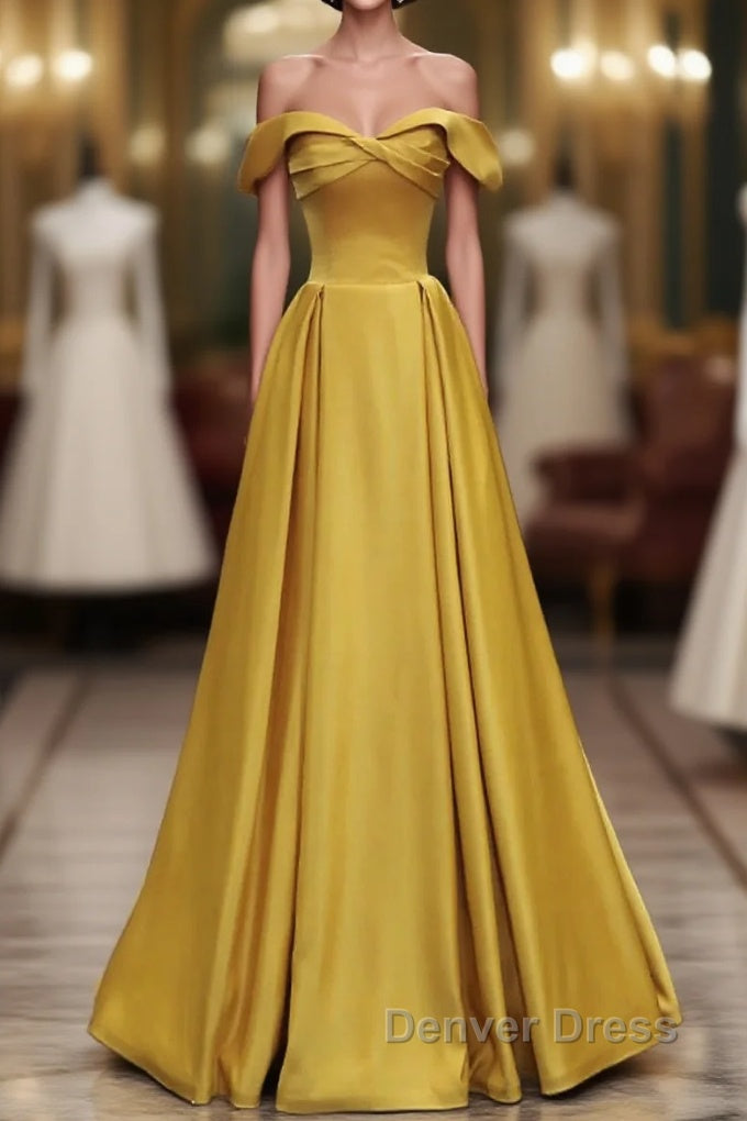Yellow A-Line Simple Satin Off Shoulder Prom Dresses, Yellow Satin Formal Dresses