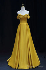 Yellow A-Line Simple Satin Off Shoulder Prom Dress, Yellow Satin Formal Dress