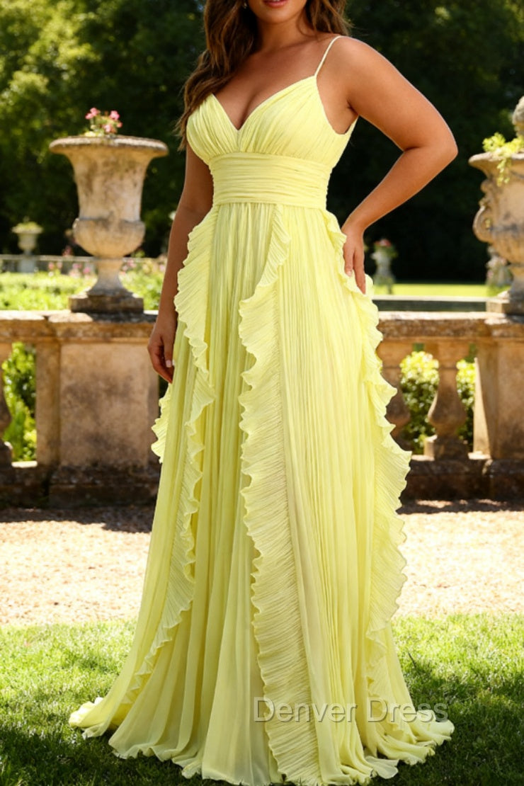 Yellow A Line Spaghetti Straps Chiffon Pleated Bridesmaid Dress with Ruffles Secondary image