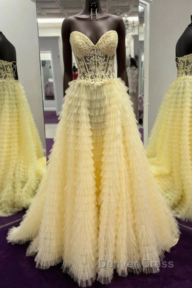 Yellow A-Line Strapless Multi-Layers Sweetheart Tulle Beaded Long Prom Dresses With Slit Main image