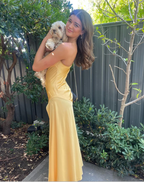 Yellow A-Line Spaghetti Straps Long Prom Dresses With Slit