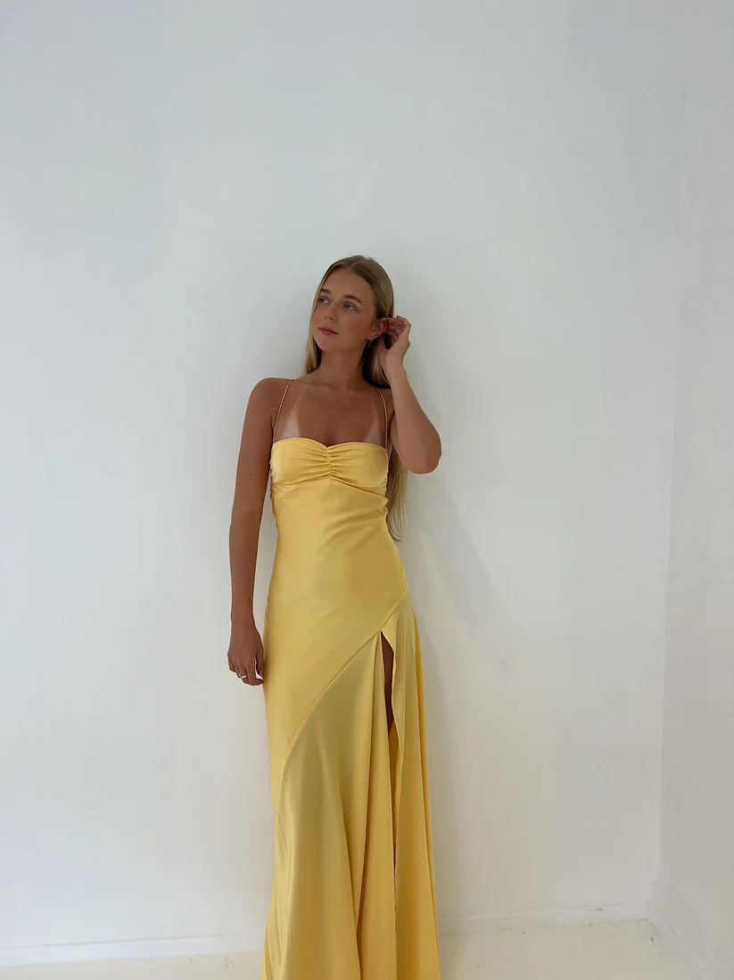 Yellow A-Line Spaghetti Straps Long Prom Dresses With Slit
