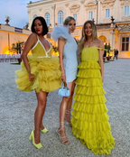 Yellow A-Line Tiered Tulle Off-The-Shoulder Long Prom Dresses