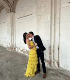 Yellow A-Line Tiered Tulle Off-The-Shoulder Long Prom Dresses