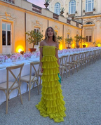 Yellow A-Line Tiered Tulle Off-The-Shoulder Long Prom Dresses