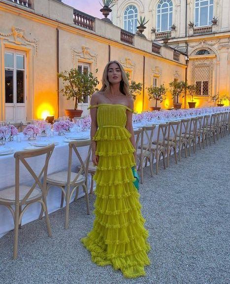 Yellow A-Line Tiered Tulle Off-The-Shoulder Long Prom Dresses