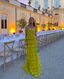 Yellow A-Line Tiered Tulle Off-The-Shoulder Long Prom Dresses