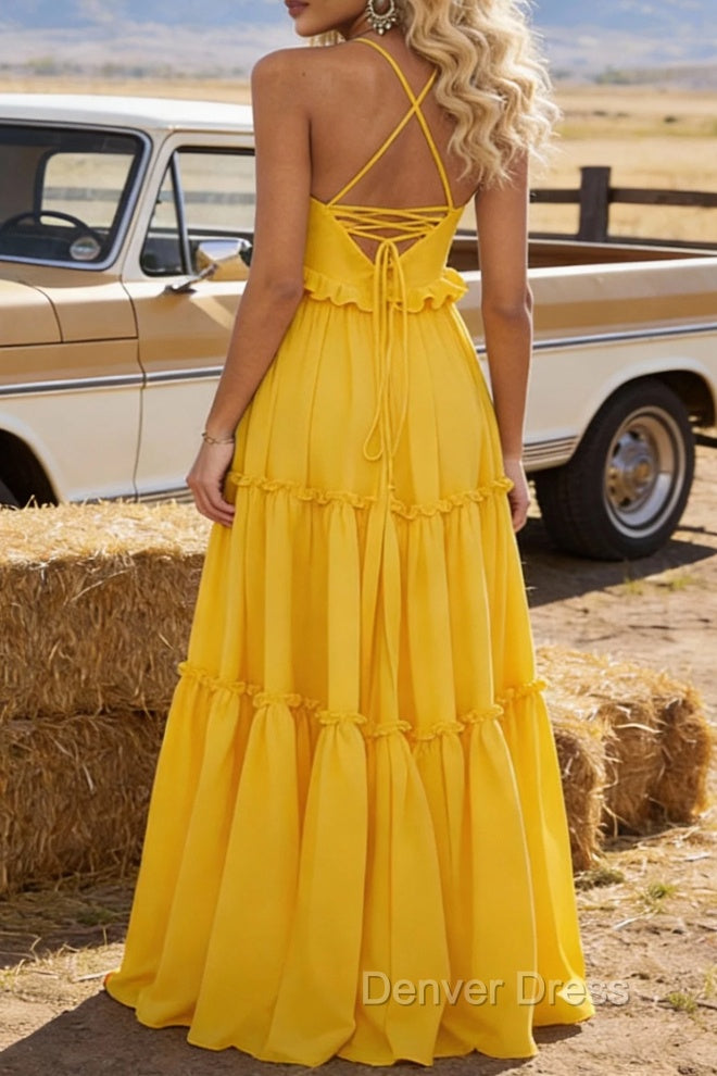 Yellow A-line V Neck Sleeveless Floor-Length Chiffon Prom Dress Long Prom Dresses Backless with Pleated Ruffles