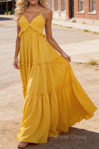 Yellow A-line V Neck Sleeveless Floor-Length Chiffon Prom Dress Long Prom Dresses Backless with Pleated Ruffles
