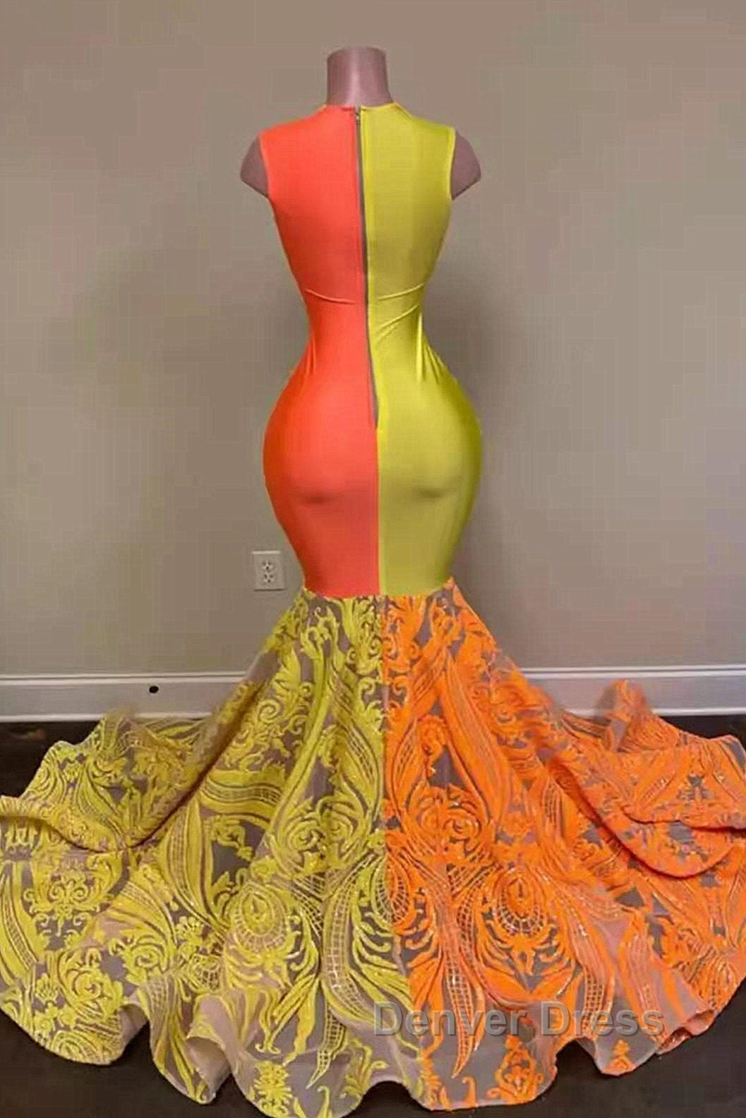 Yellow and Orange Mermaid Prom Dresses Lace Long On Sale Secondary image