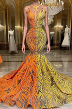 Yellow and Orange Mermaid Prom Dresses Lace Long On Sale