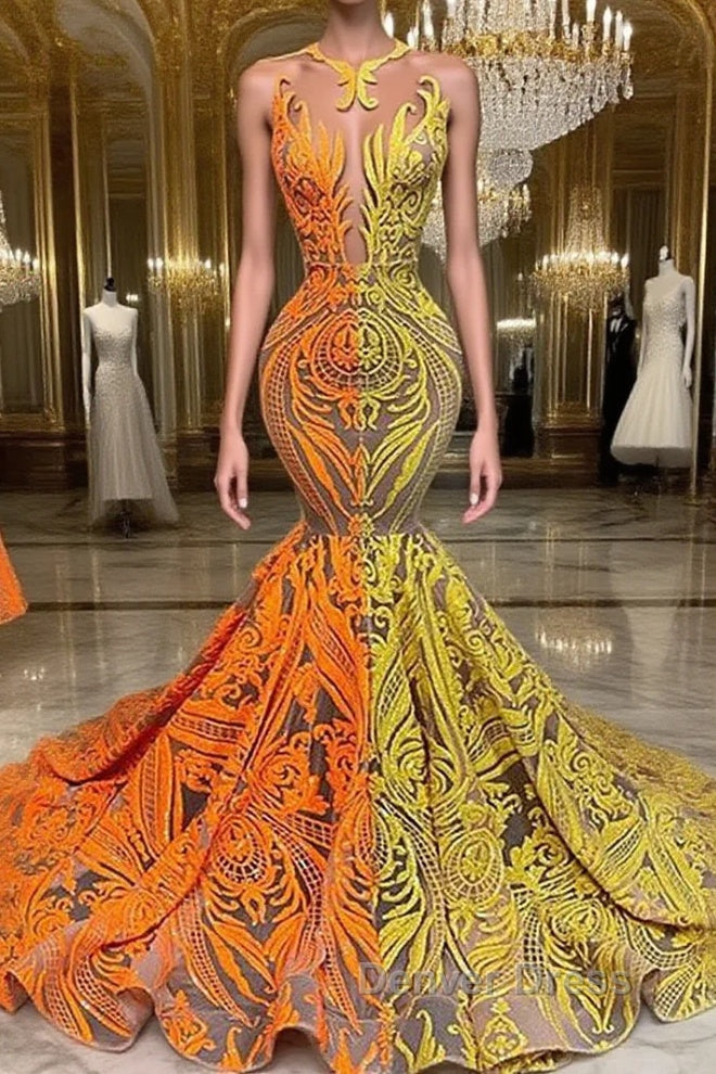 Yellow and Orange Mermaid Prom Dresses Lace Long On Sale