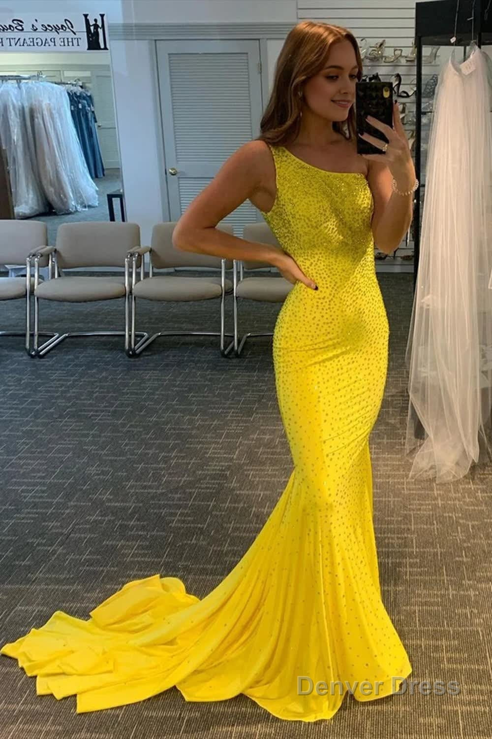 yellow beaded mermaid prom dress