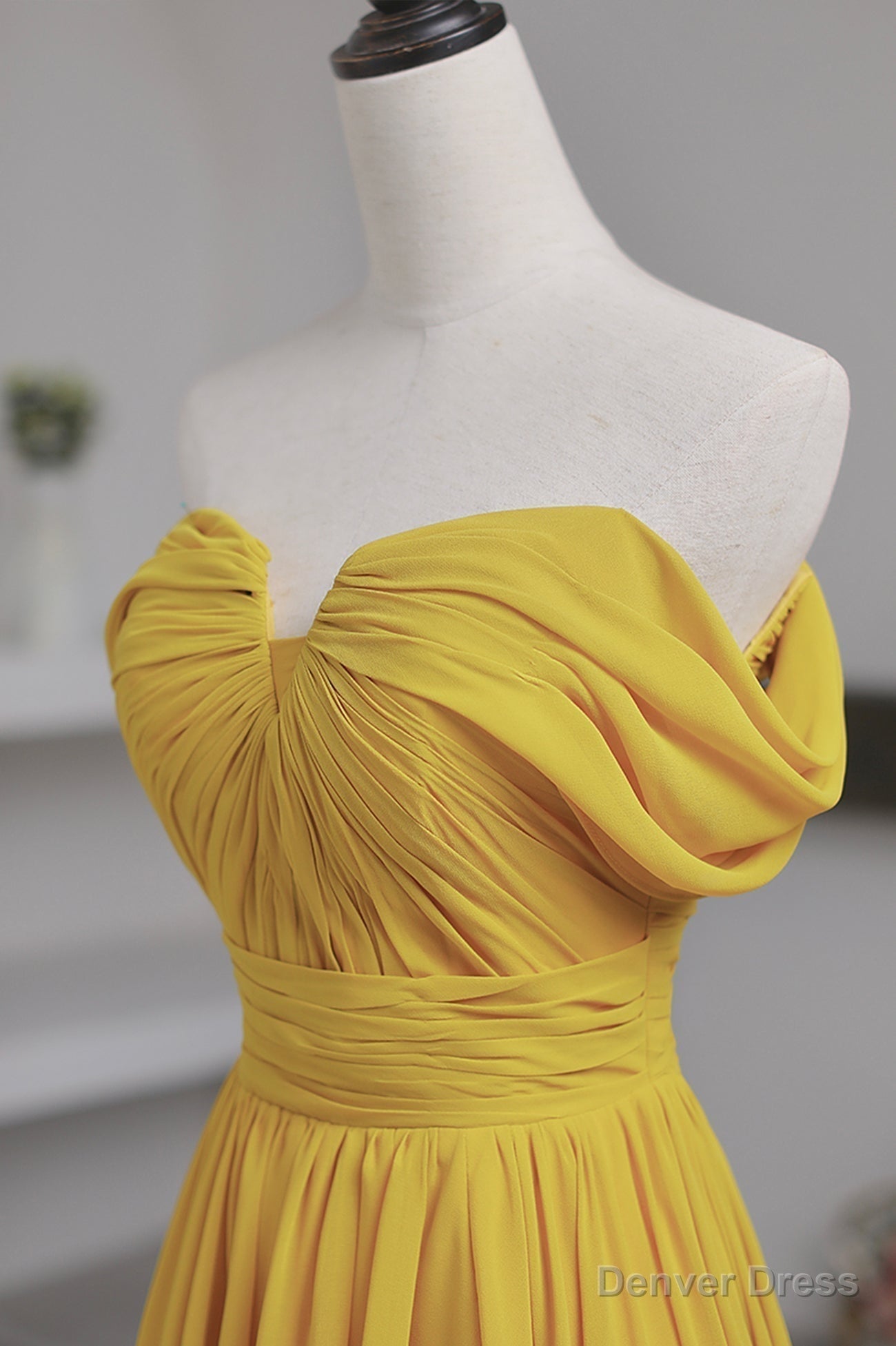 Yellow Chiffon Long A Line Prom Dress, Simple Yellow Prom Dresses with Slit