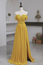 Yellow Chiffon Long A Line Prom Dress, Simple Yellow Prom Dresses with Slit