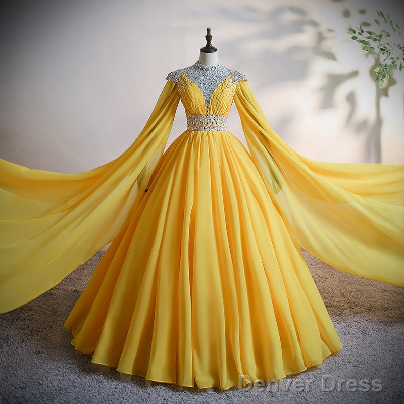 Yellow Chiffon Long Beaded Ball Gown Formal Dress, Yellow Formal Dress, Prom Dress Secondary image