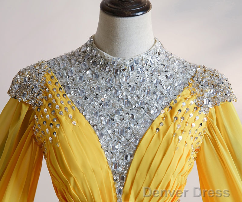 Yellow Chiffon Long Beaded Ball Gown Formal Dress, Yellow Formal Dress, Prom Dress