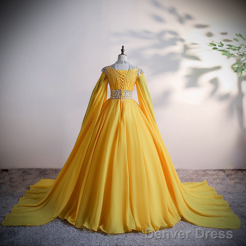 Yellow Chiffon Long Beaded Ball Gown Formal Dress, Yellow Formal Dress, Prom Dress