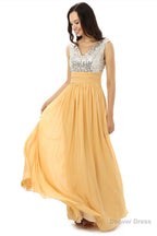 Yellow Chiffon Silver Sequins V Neck Backless Bridesmaid Dresses