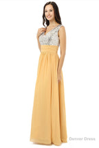 Yellow Chiffon Silver Sequins V Neck Backless Bridesmaid Dresses