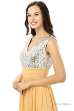 Yellow Chiffon Silver Sequins V Neck Backless Bridesmaid Dresses