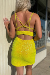 yellow deep v neck sequins tight homecoming dress
