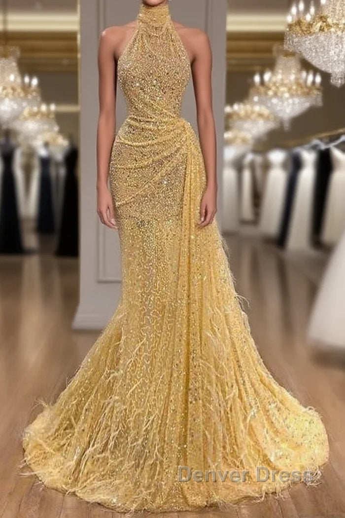 Yellow Evening Dresses Long High Neck Sparkly Feather Luxury Bling Evening Gown Formal Prom Dresses Main image