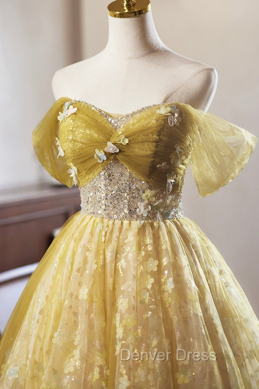 Yellow Floral Tulle Knee Length Prom Dresses, Lovely A-Line Evening Party Dresses Secondary image
