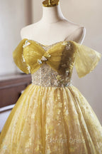 Yellow Floral Tulle Knee Length Prom Dresses, Lovely A-Line Evening Party Dresses