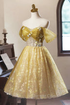 Yellow Floral Tulle Knee Length Prom Dresses, Lovely A-Line Evening Party Dresses