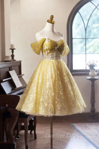 Yellow Floral Tulle Knee Length Prom Dresses, Lovely A-Line Evening Party Dresses