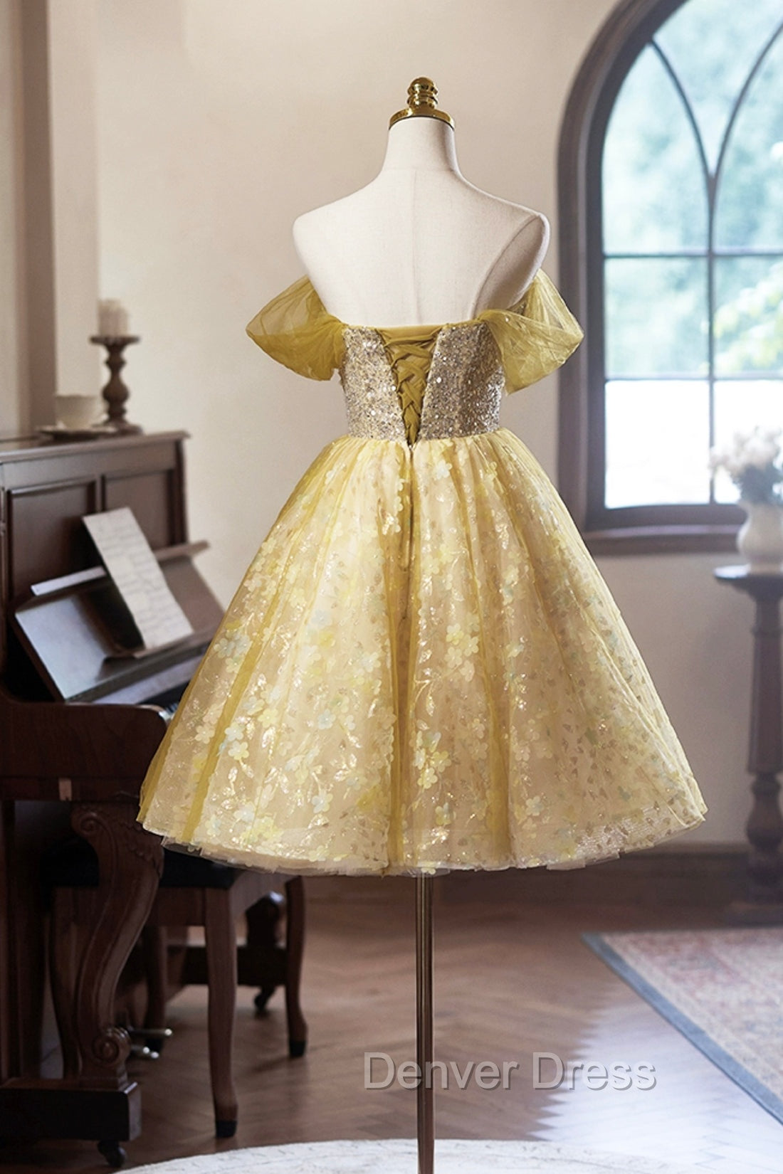 Yellow Floral Tulle Knee Length Prom Dresses, Lovely A-Line Evening Party Dresses