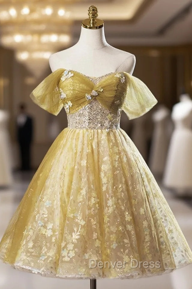 Yellow Floral Tulle Knee Length Prom Dresses, Lovely A-Line Evening Party Dresses Main image