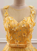 Yellow Flowers Tulle Long New Prom Dress, A Line Prom Dresses