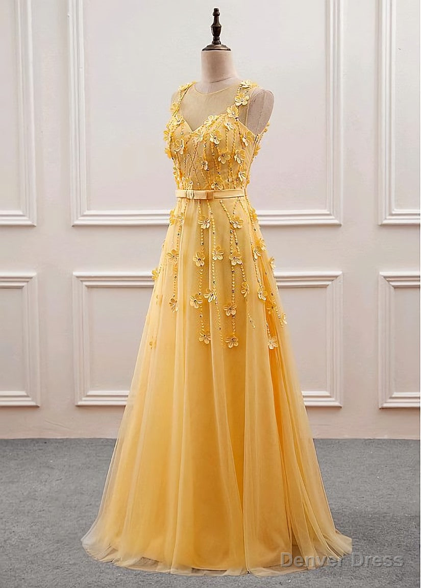 Yellow Flowers Tulle Long New Prom Dress, A Line Prom Dresses