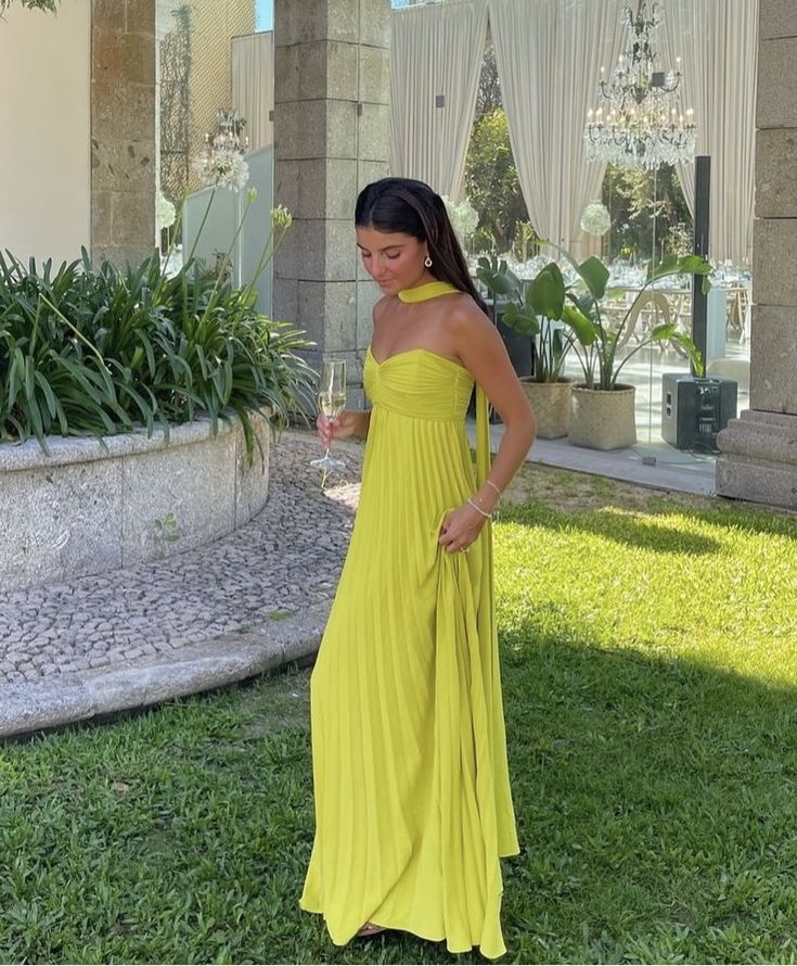 Yellow Green Fashion Simple Elegant Tube Top Off Shoulder Long Chiffon Ball Gowns Prom Dress With Scarf Main image