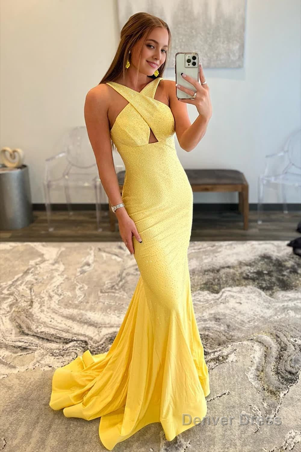 yellow halter mermaid prom dress