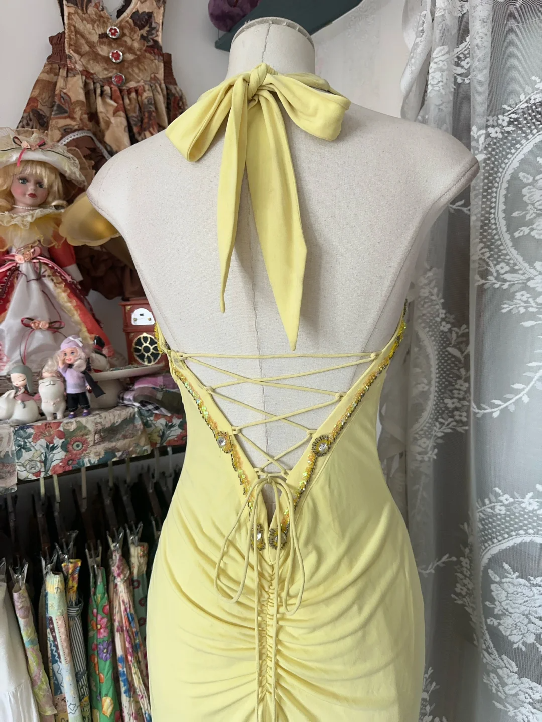 Yellow Halter Sweetheart Mermaid Vintage Long Prom Dress