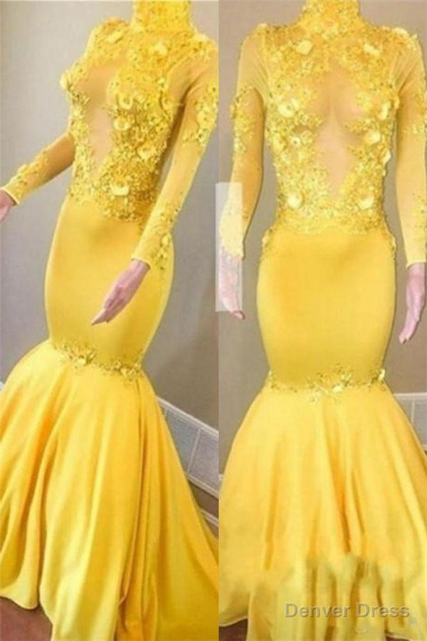 Yellow High Neck Flower Appliques Mermaid Long Sleevess Prom Dresses Main image