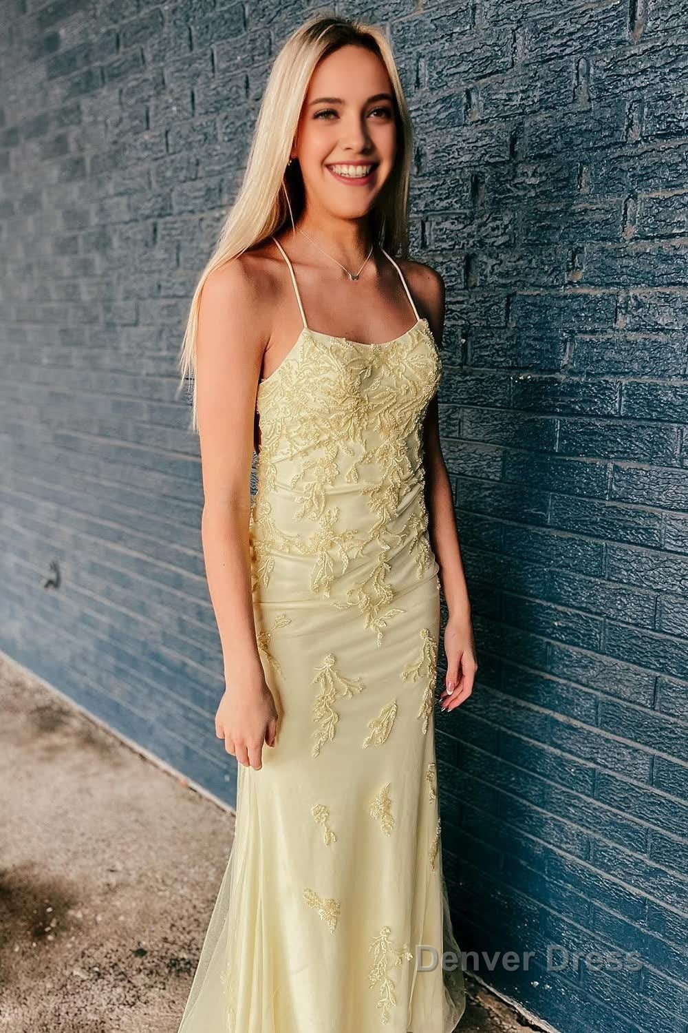 Yellow Lace Up Mermaid Prom Dresses with Appliques Main image