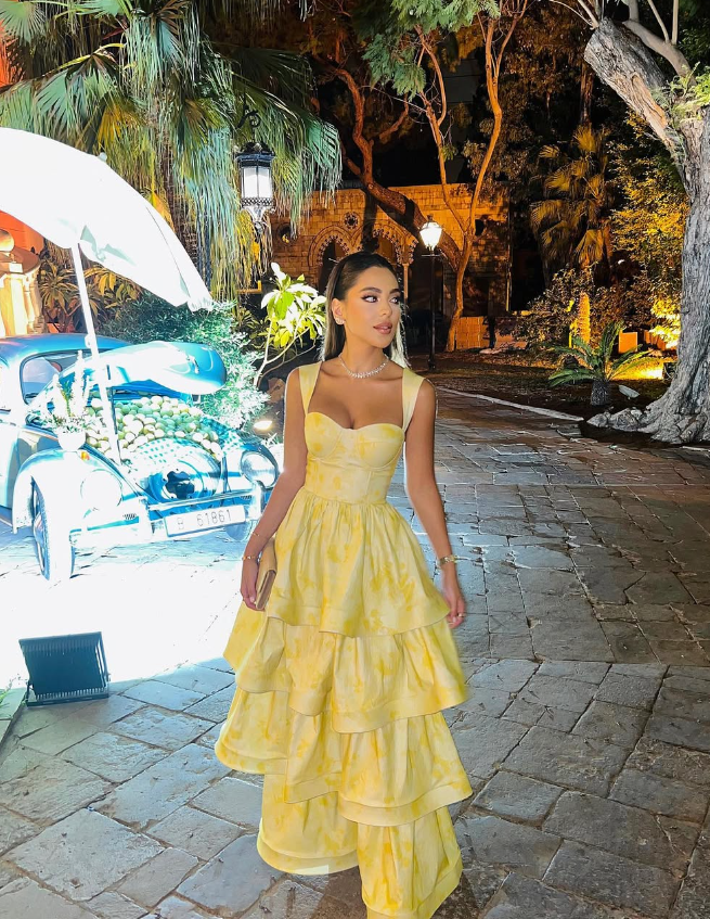 Yellow Layered Satin Long A Line Prom Dresses Secondary image