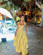 Yellow Layered Satin Long A Line Prom Dresses