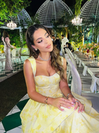 Yellow Layered Satin Long A Line Prom Dresses