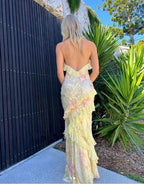 Yellow Fashion Elegant Layered Tulle Long Ball Gowns Backless Mermaid Slim Fit Prom Gowns Prom Dresses