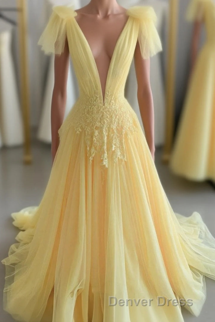 Yellow Long A-line V Neck Lace Tulle Backless Formal Graduation Prom Dresses
